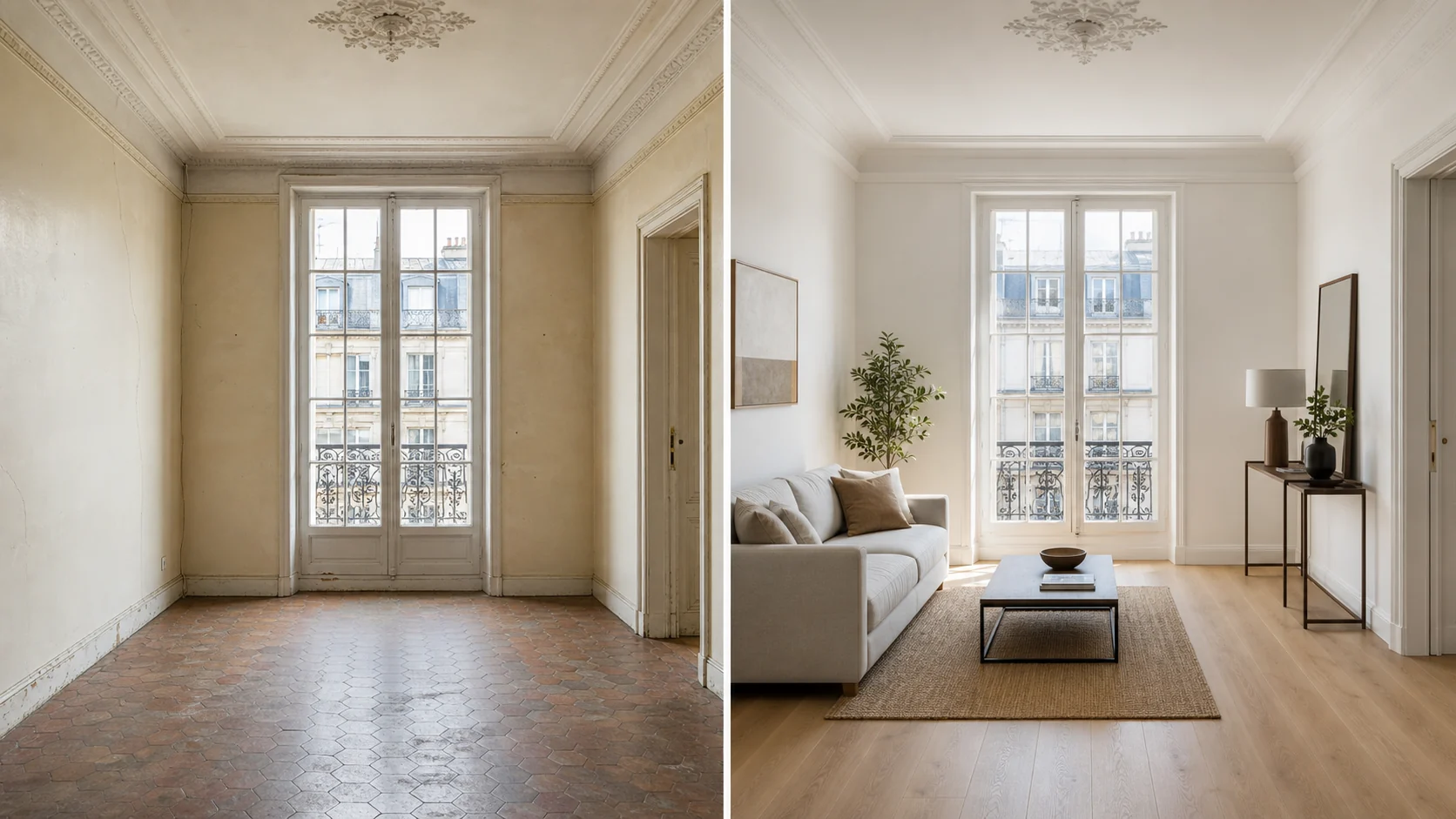 Exemple de transformation complète d’un séjour avant et après rénovation